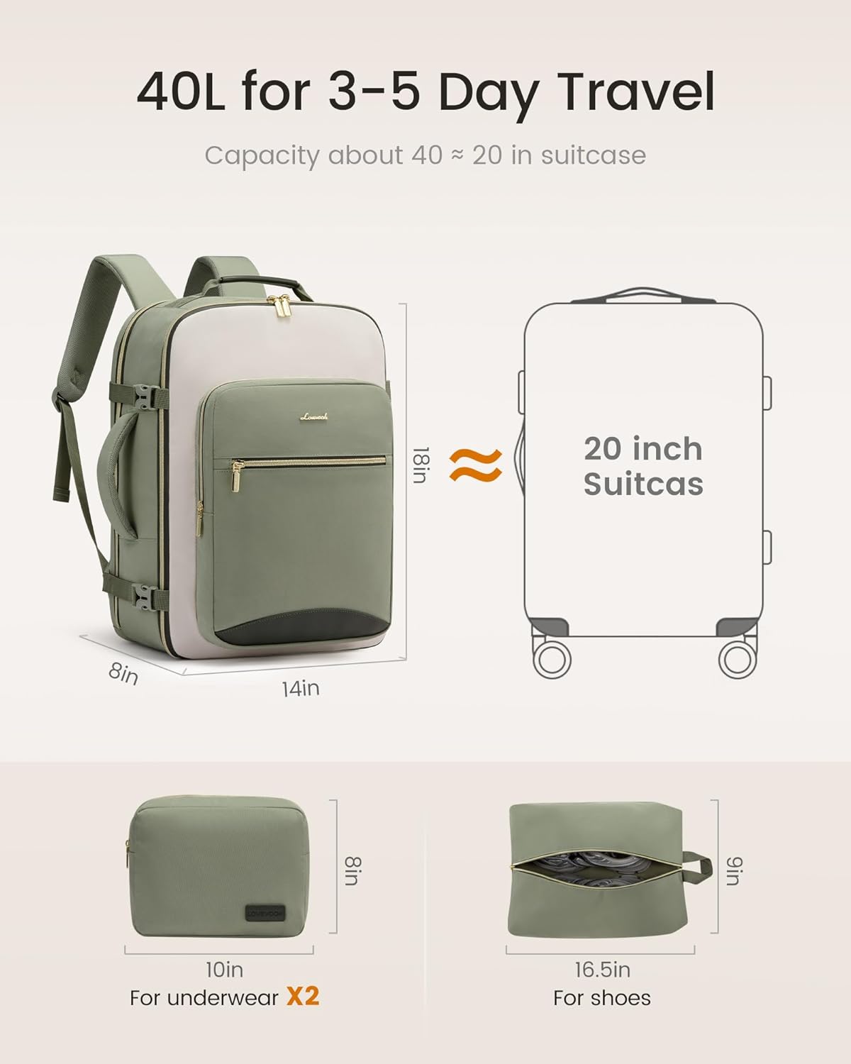 40L Travel Backpack with Packing Cubes