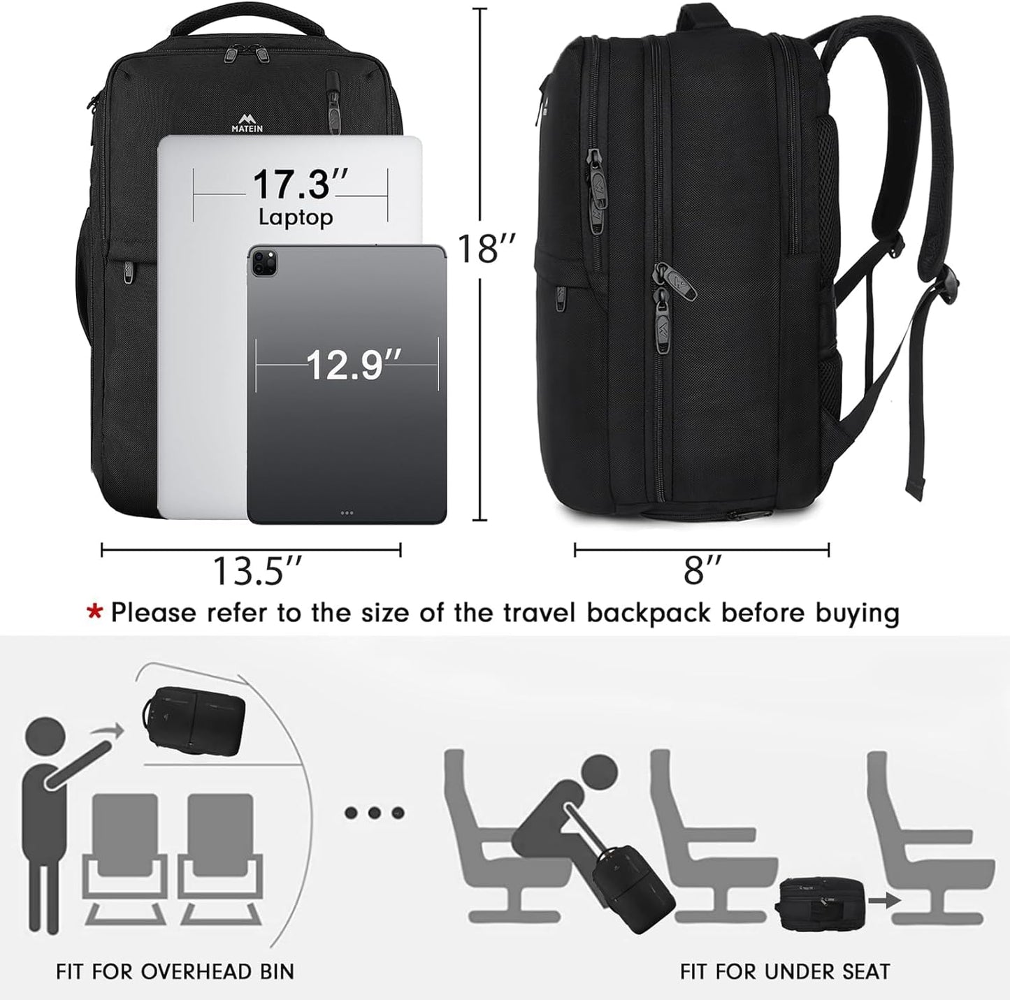 40L Carry-On Travel Backpack with USB Port