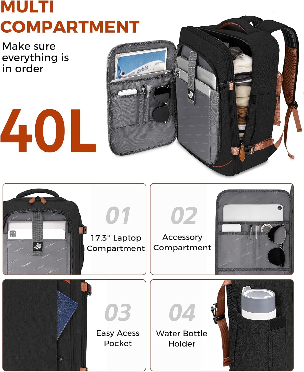 40L Anti-Theft Weekender Travel Backpack